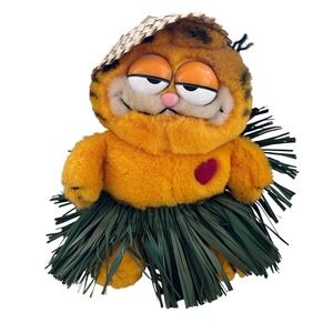 Vintage Garfield Hula Dancer Plush Dakin 1981 Hawaii Grass Skirt Straw Hat 7in